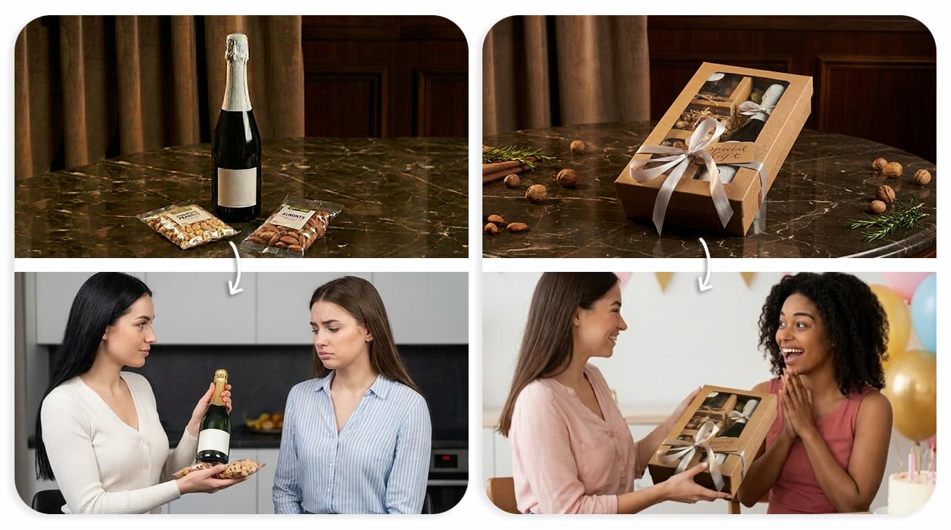 Confronto tra kit gourmet semplice e lo stesso regalo in una scatola premium con finestra.