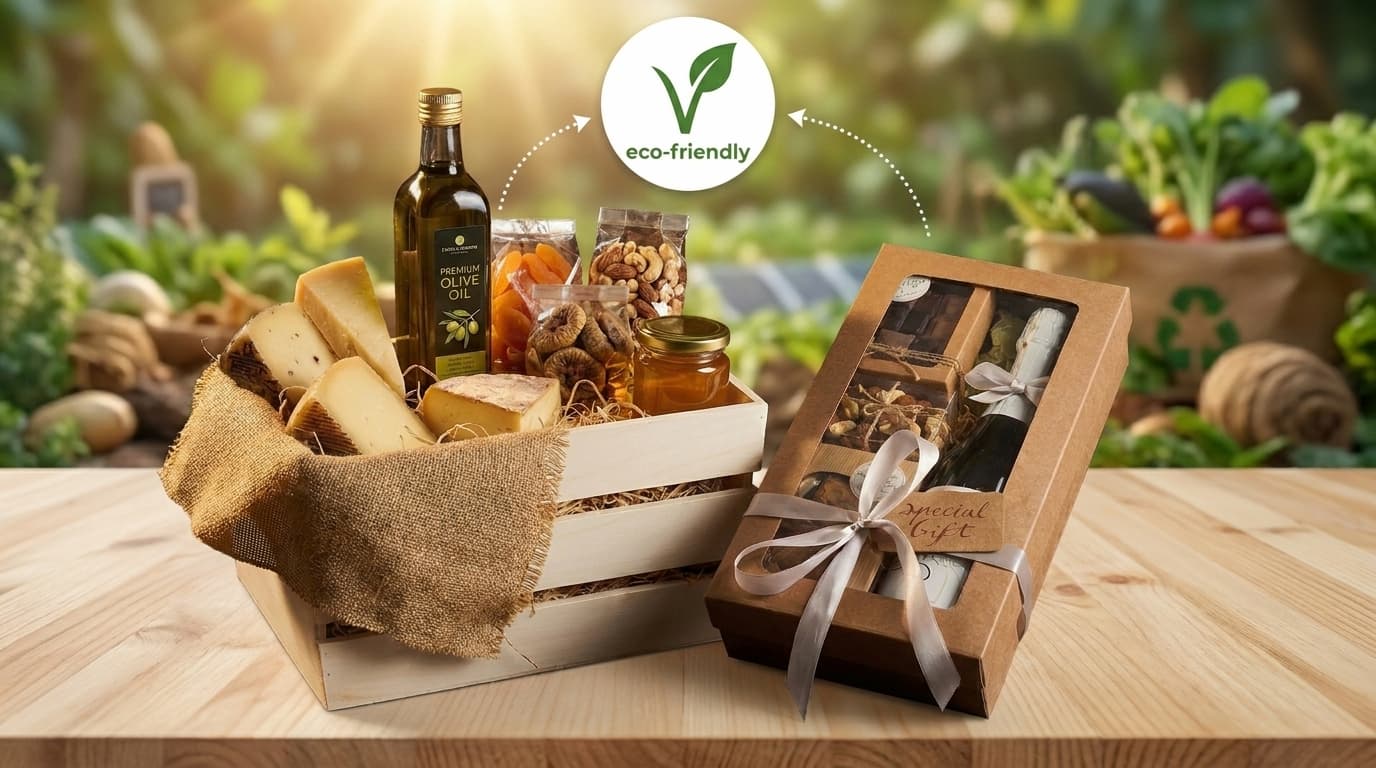 Cassa in legno e scatola kraft con finestra in ambiente naturale, con sigillo eco-friendly.