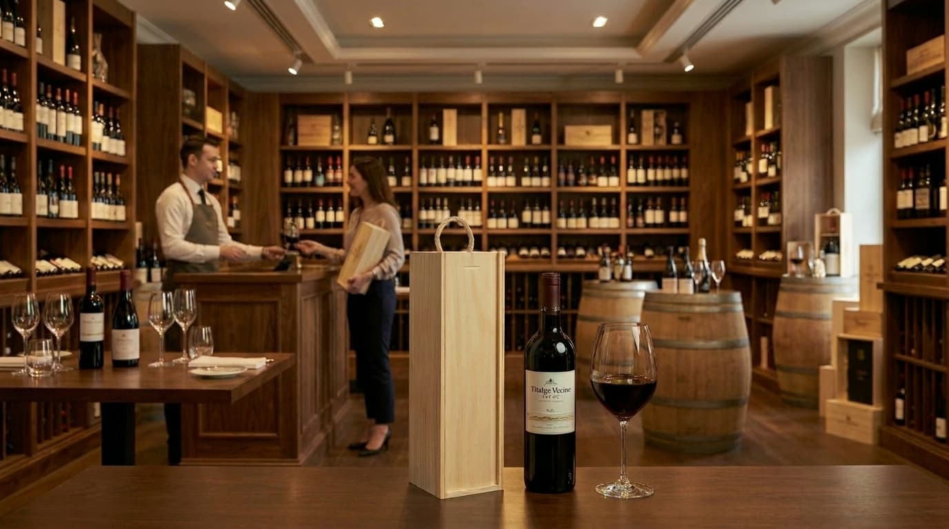 Scatola individuale in legno per bottiglia di vino in un ambiente di enoteca premium.