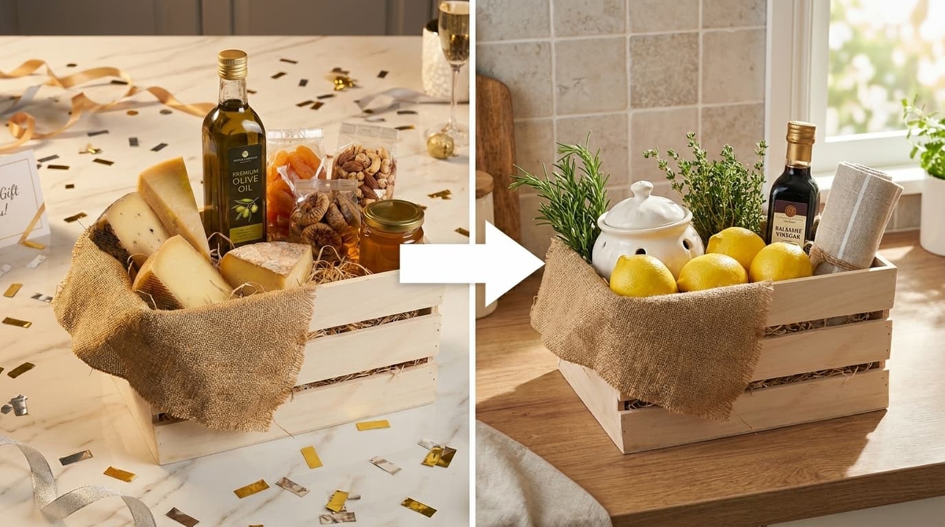 Prima e dopo — cassa in legno riutilizzata come elemento decorativo in cucina.