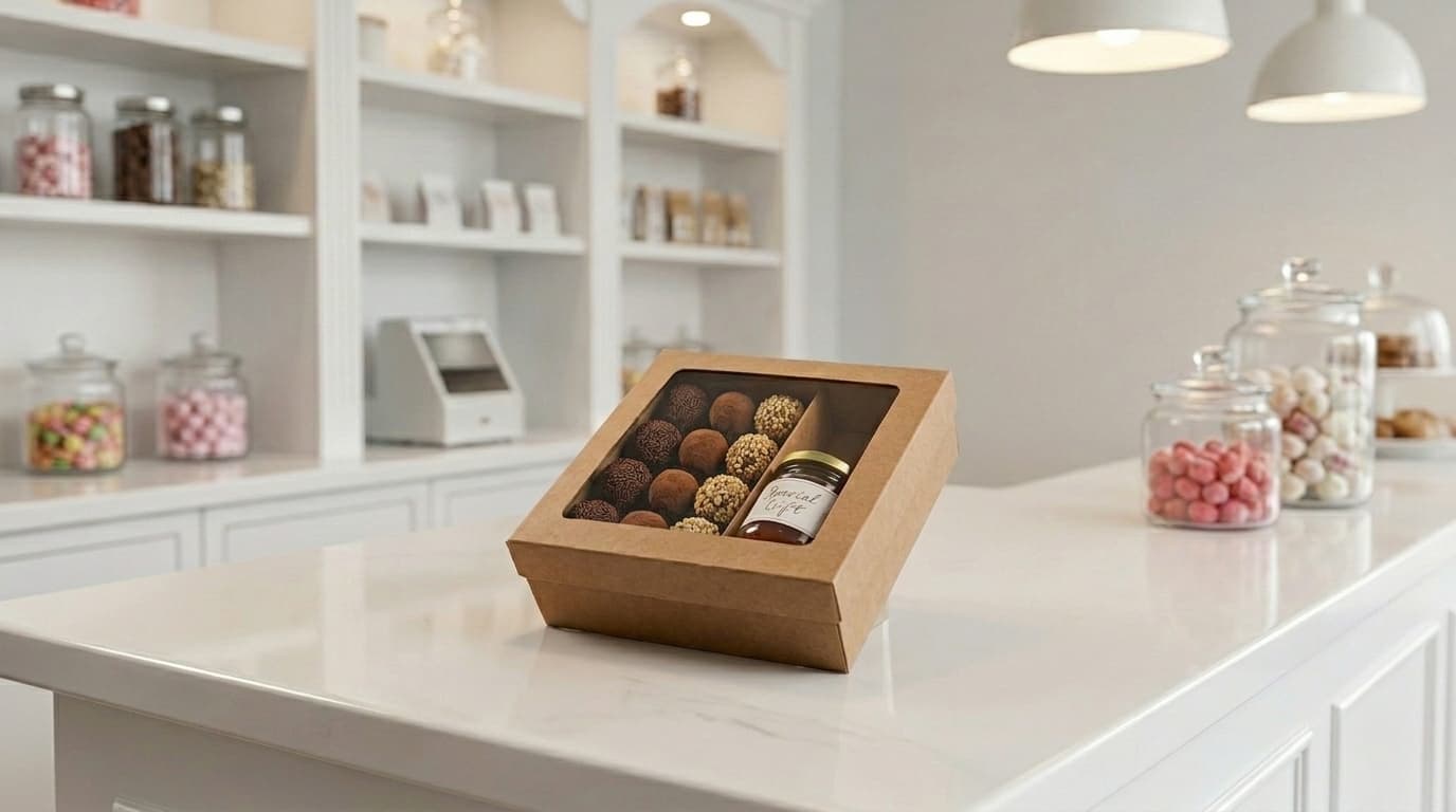 Scatola M con finestra contenente tartufi, cioccolatini artigianali e vasetto gourmet.