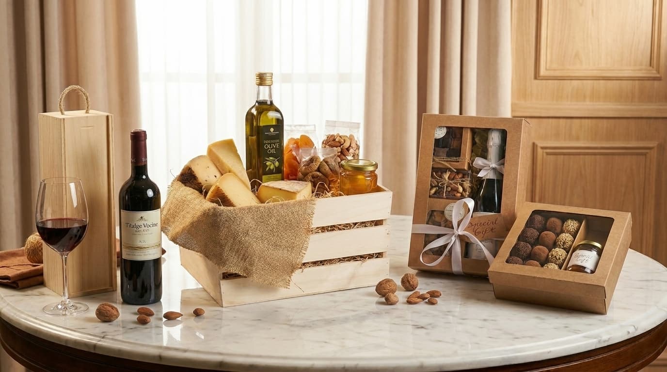 Collezione completa di packaging di lusso per kit gourmet — legno, cartone con finestra e scatola per vino.
