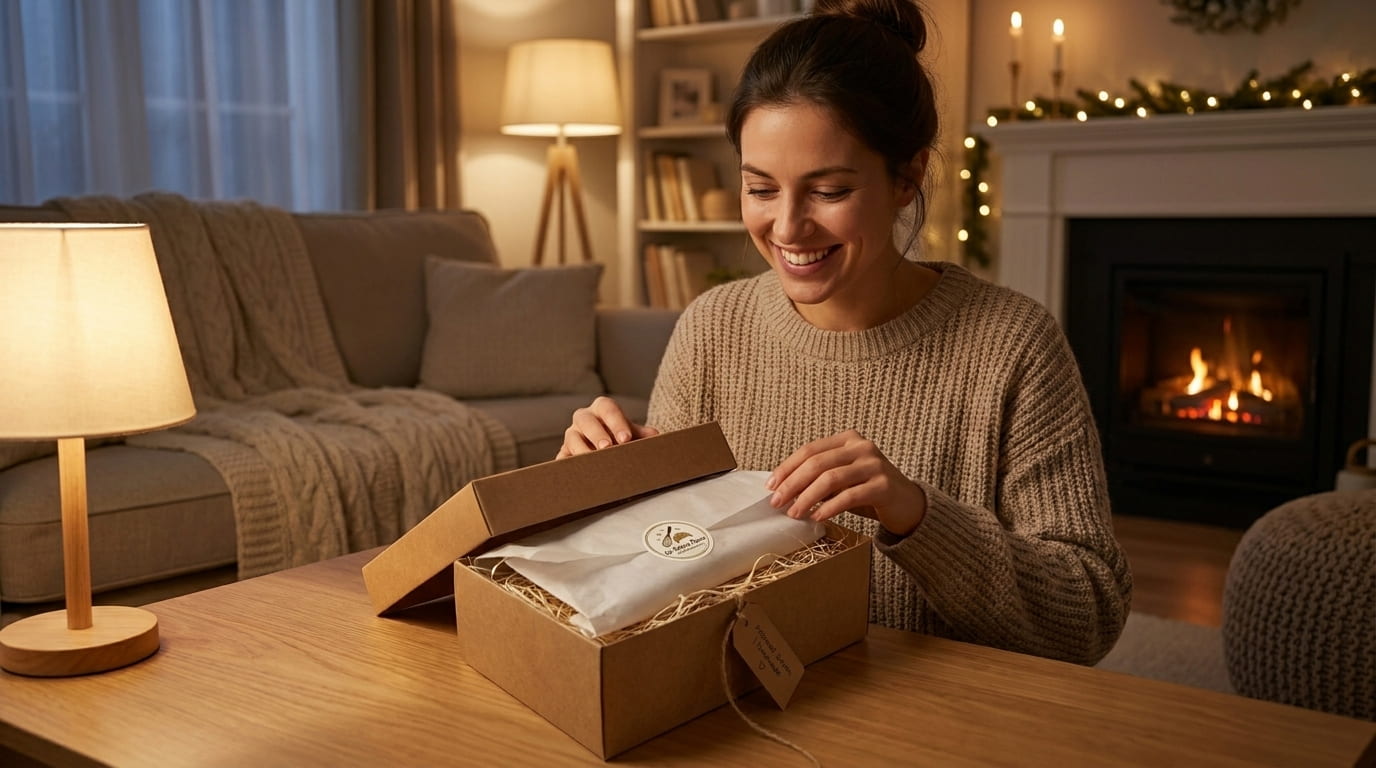 Cliente felice nell'aprire un ordine ben presentato