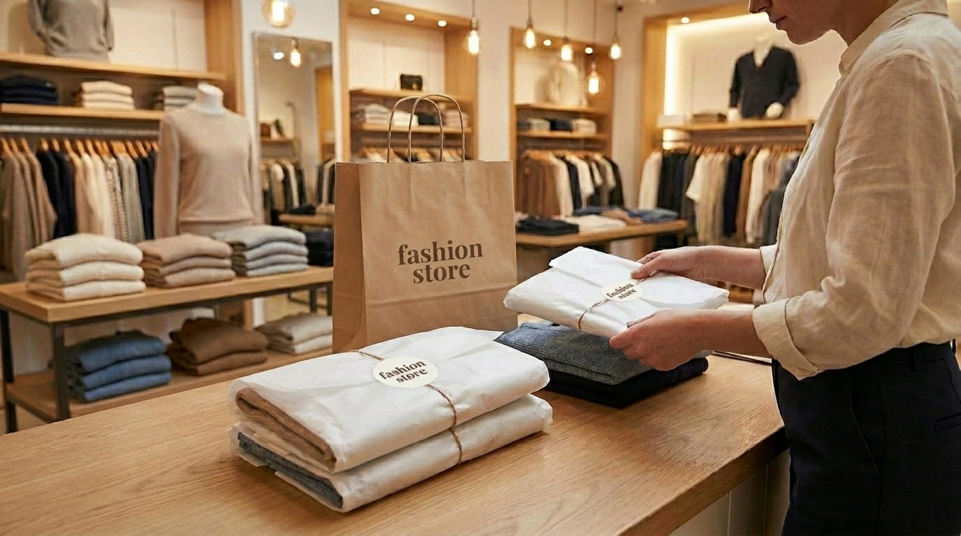 Loja a preparar uma encomenda de roupa com papel de seda