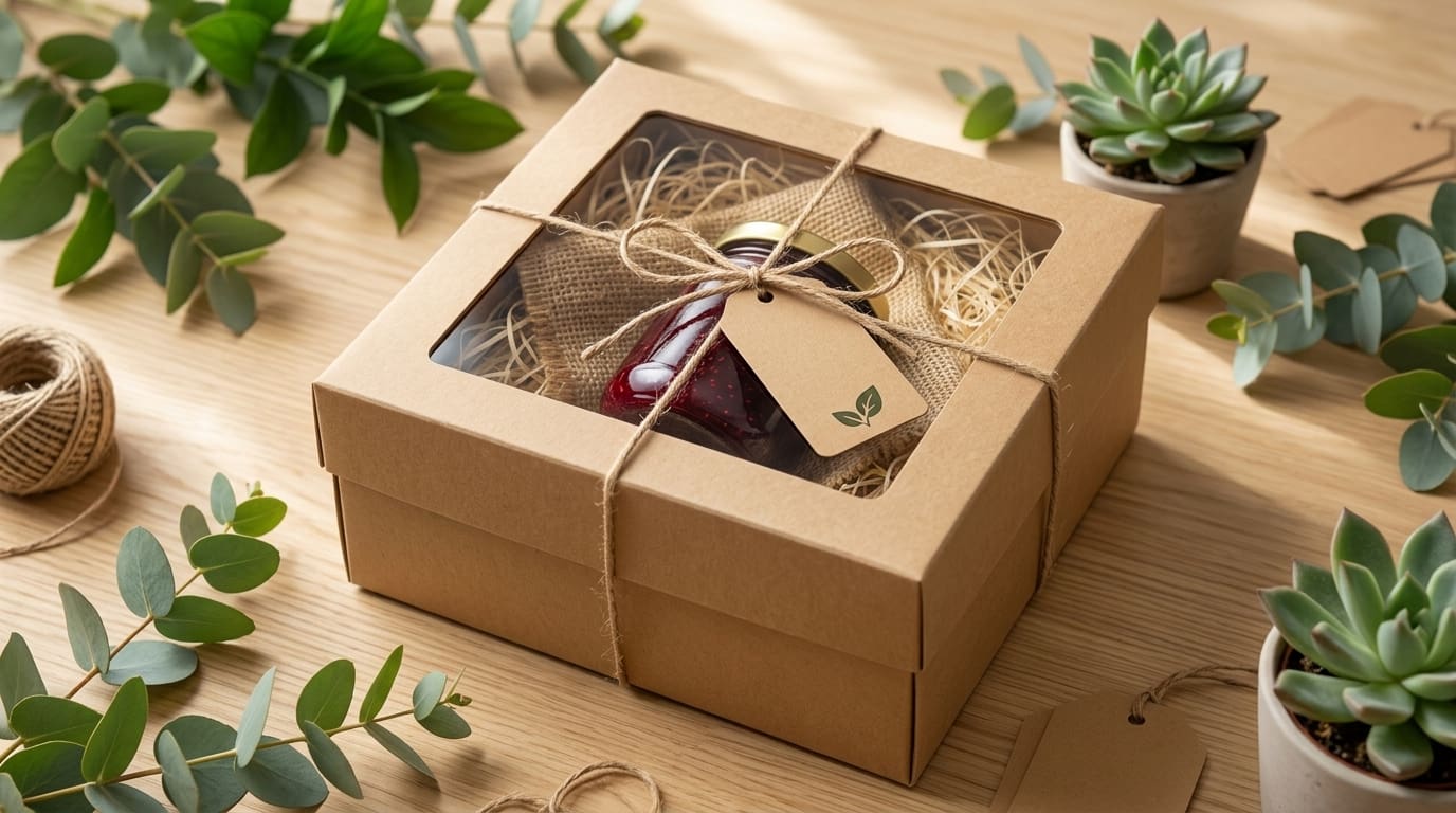 pacco sostenibile finito — scatola di cartone kraft chiusa con cordino di juta ed etichetta kraft, circondata da elementi naturali
