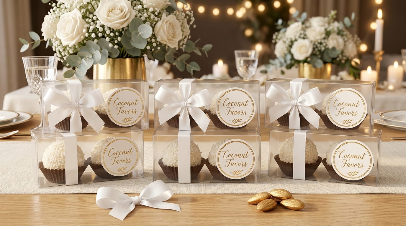 scatole in acetato con confetti, nastro in raso ed etichetta personalizzata su un tavolo di matrimonio