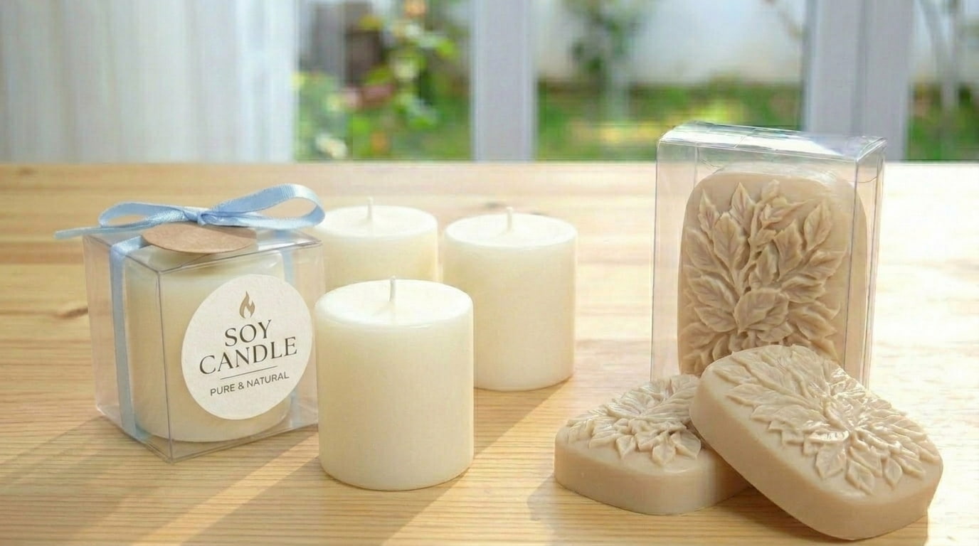 candela in cera di soia e saponi artigianali dentro scatole in acetato