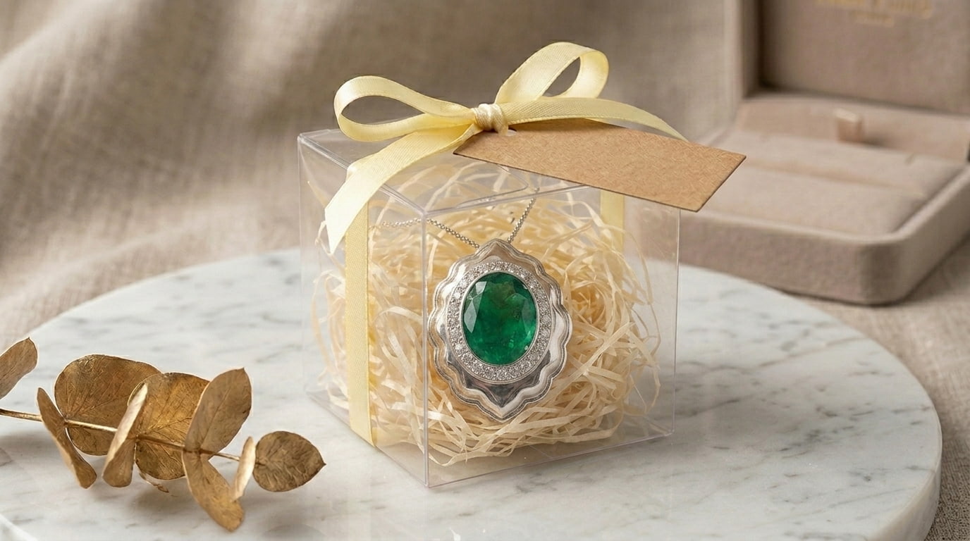una collana dentro una scatola in acetato con riempimento di lana di legno