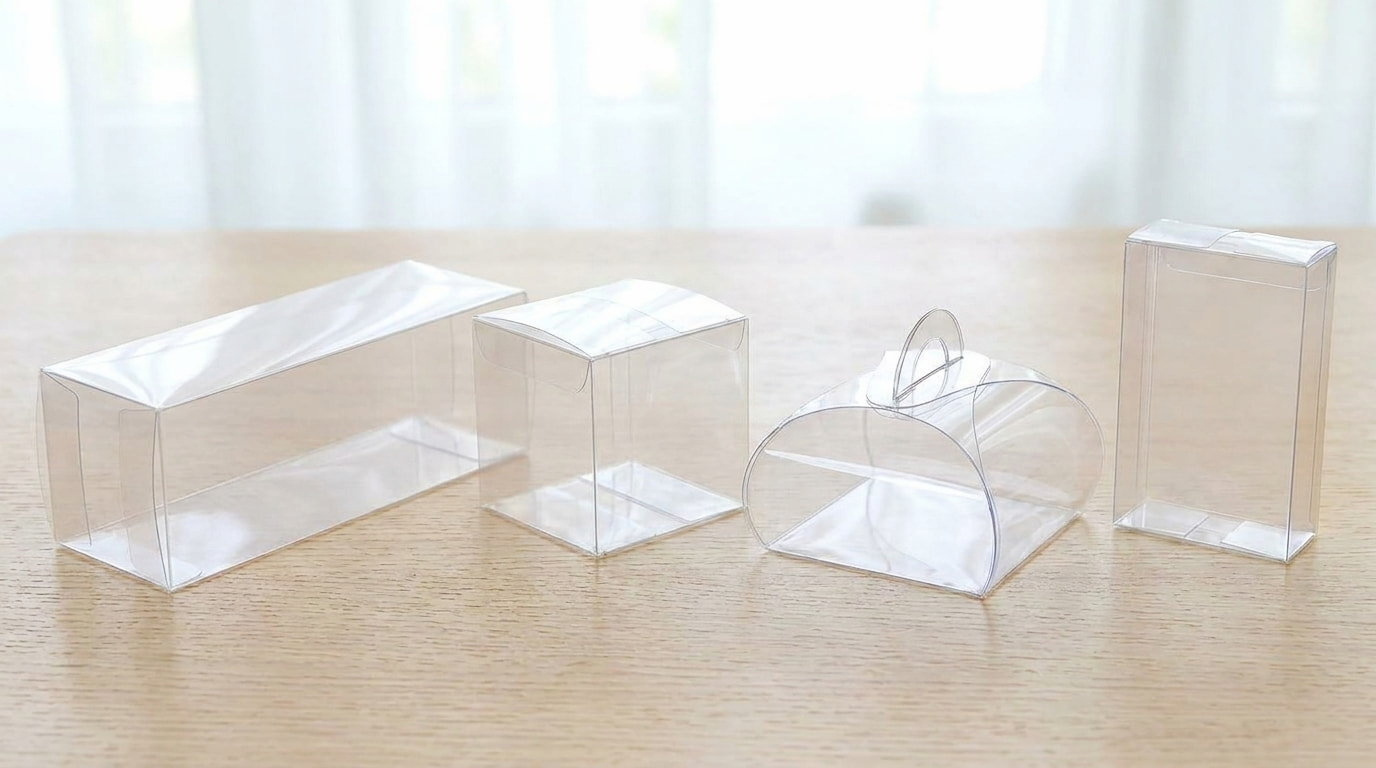 caixas de acetato transparentes em vários formatos — cubo, retangular, saco e vertical