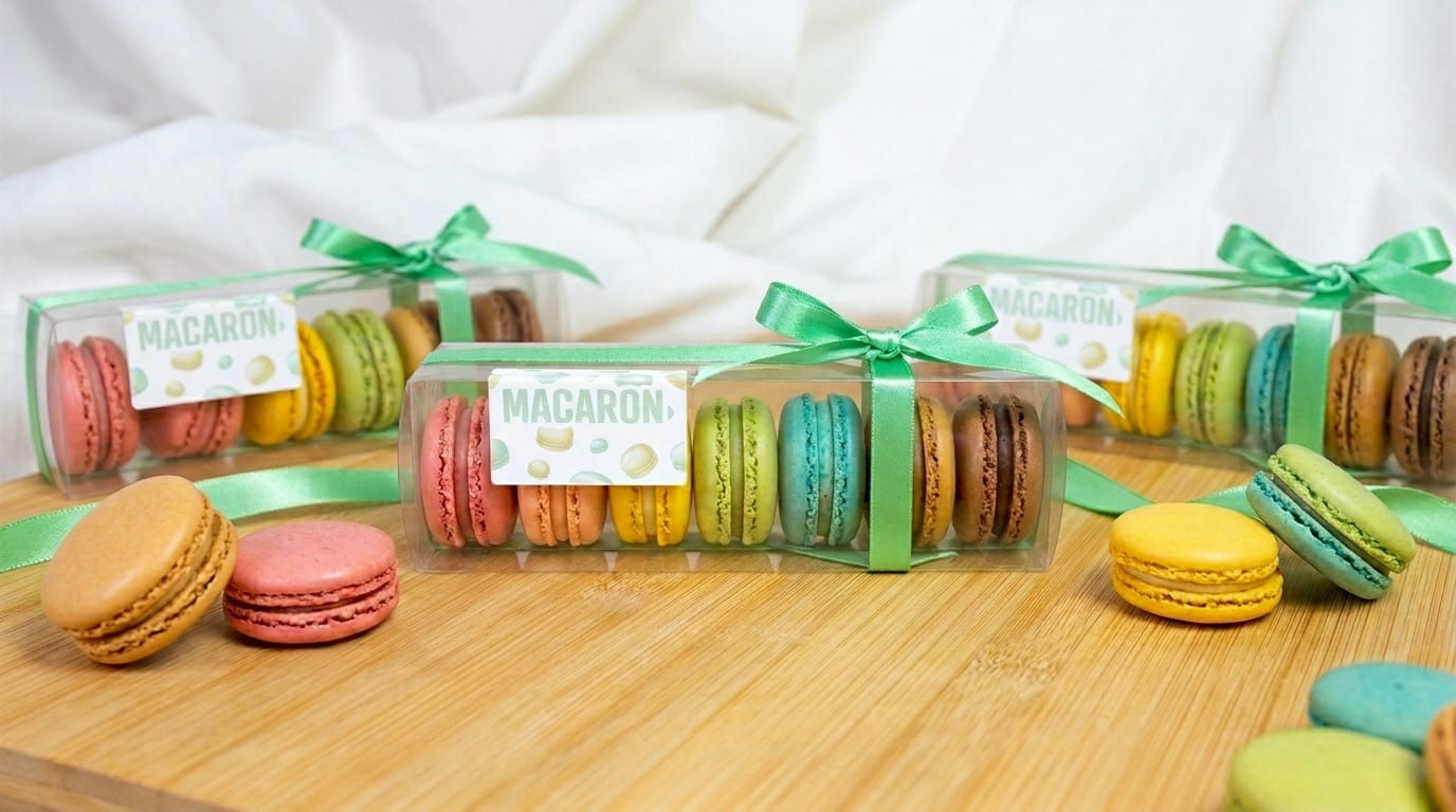 macarons coloridos alinhados dentro de uma caixa de acetato