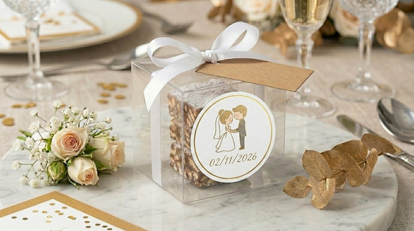 caixa de acetato fechada com fita de cetim e etiqueta kraft personalizada