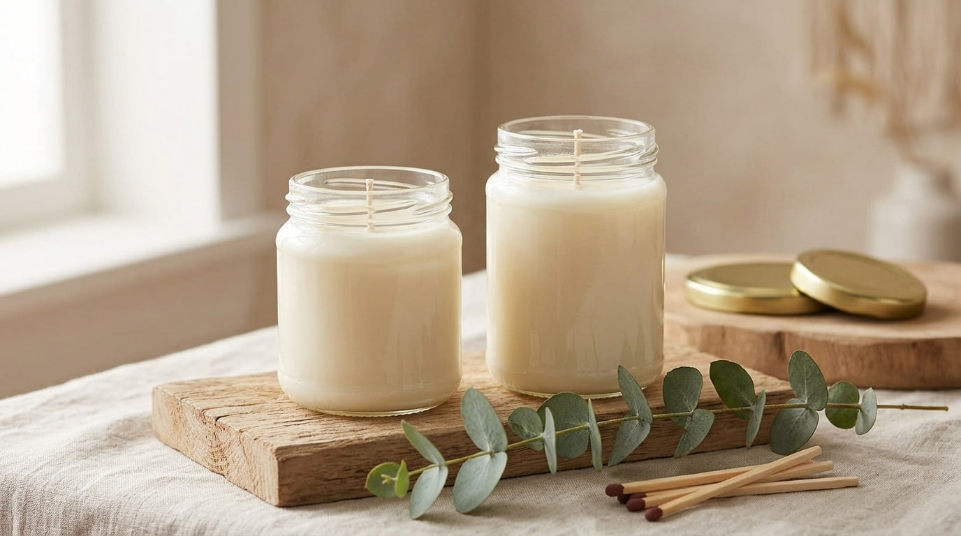 frascos de vidro usados como velas artesanais