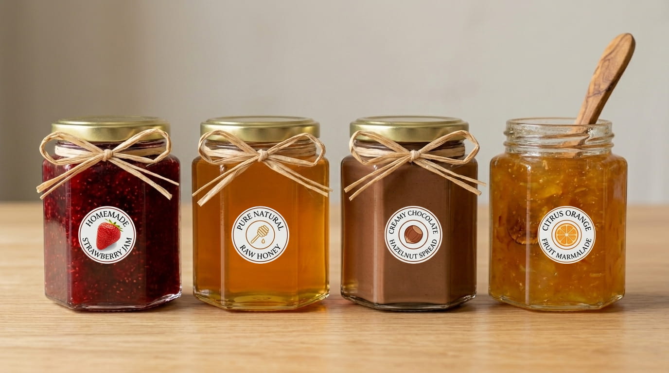 Stazione di marmellate, miele e frutta secca in Barattolo Esagonale 270ml, identificata con etichette.