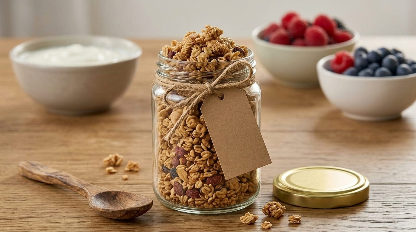 Granola fatta in casa in un Barattolo Europa 212ml, con frutta fresca accanto, su una tavola da brunch.