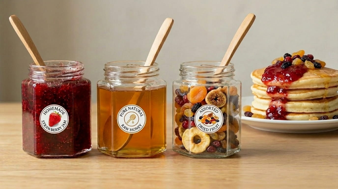 Barattoli di vetro Esagonali 270ml usati come stazione di topping su una tavola da brunch.