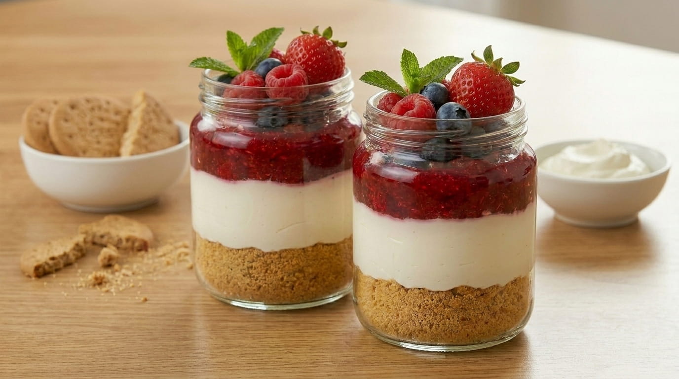 Cheesecake individuale in un Barattolo di Vetro Yogurt 250ml, con frutti rossi.