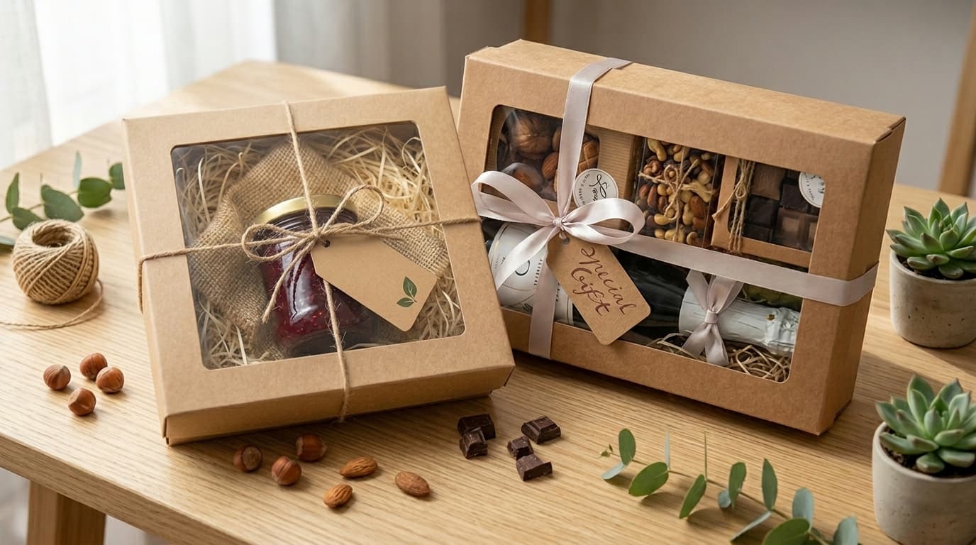 Cesto brunch con un barattolo di granola e marmellata in una Scatola Gourmet M con Finestra.