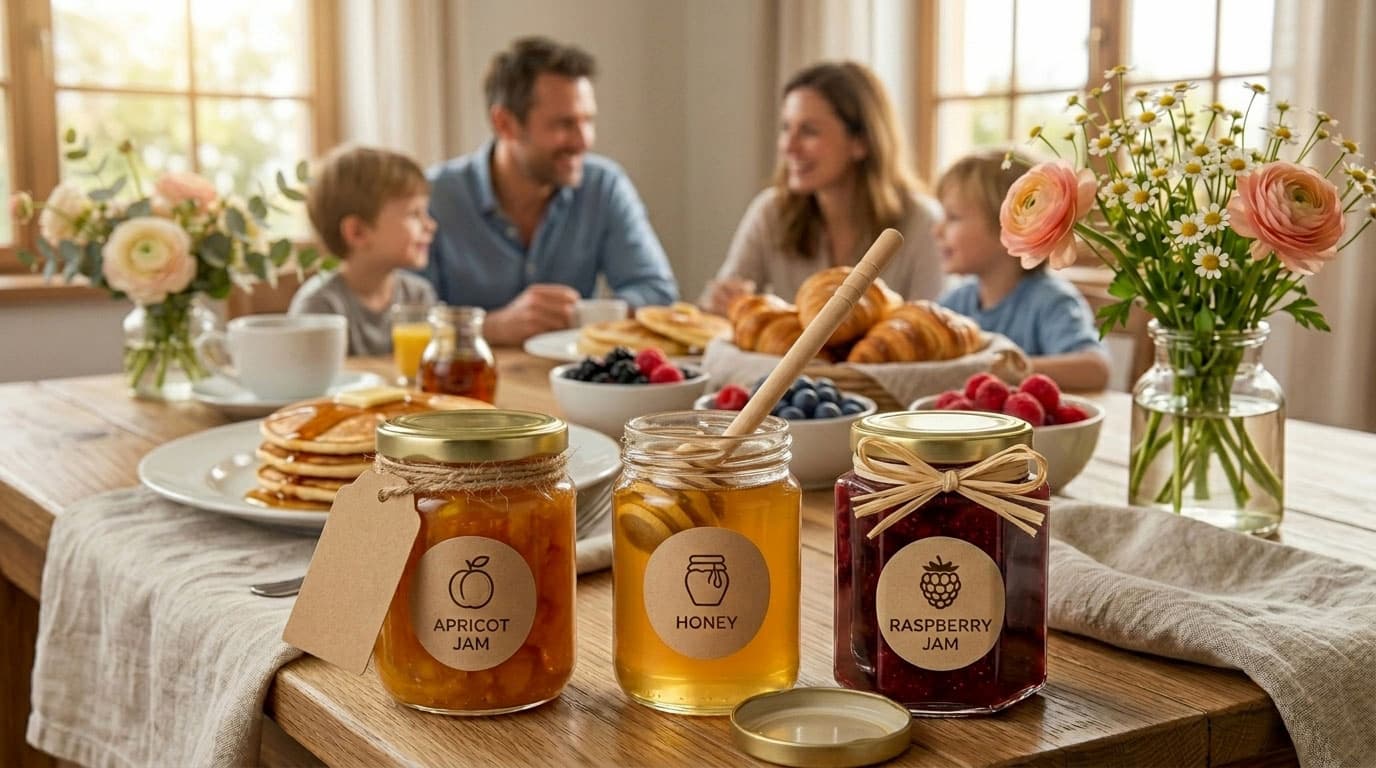 Vista d'insieme di una tavola da brunch ben presentata, con barattoli di vetro, fiori e altezze diverse.
